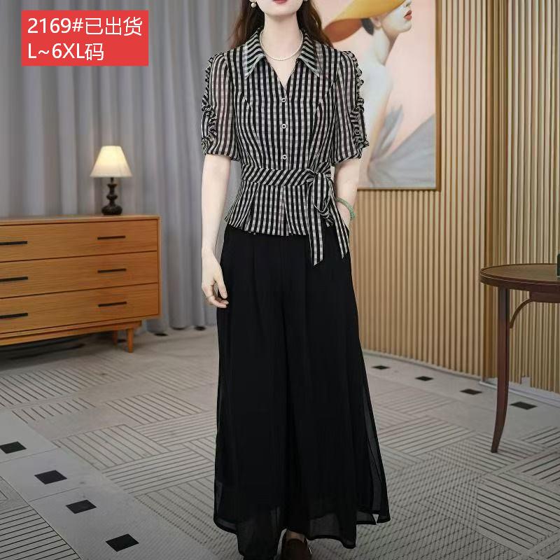 경관 그림 원본 원단 품질 중노년 엄마 여름 드레스 격자 무늬 셔츠 와이드 레그 팬츠 세트 여성 고급 투피스 세트
