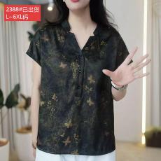 批发官图原版面料品质黑底金蝶枝叶印花半开领短袖宽松遮肉优雅上衣女