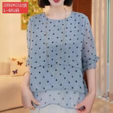 批发官图原版面料品质雾霾蓝波点印花圆领分层荷叶边中袖宽松遮肉小衫