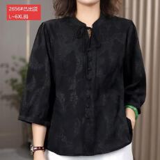 批发官图原版品质高档<b class='q'>大码</b>女装中老年妈妈黑色提花七分袖宽松显瘦衬衫