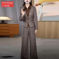 批发官图原版品质高档大码女装精致妈妈通勤干练格纹假两件<b class='q'>上衣</b>阔腿裤