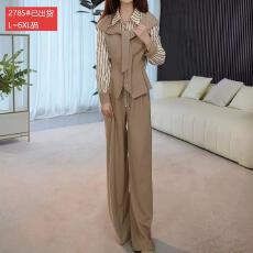 批发官图原版品质高档<b class='q'>大码</b>女装秋季干练套装条纹衬衣高腰阔腿裤两件套