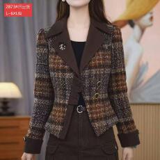 批发官图原版品质高档大码女装小香风短<b class='q'>外套</b>复古格纹拼色中年<b class='q'>气质</b>上衣