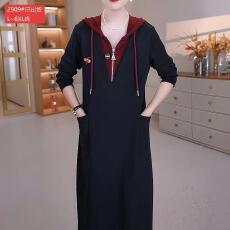 批发官图原版品质<b class='q'>高档</b>大码女装中年妈妈休闲撞色假两件连帽宽松卫衣裙