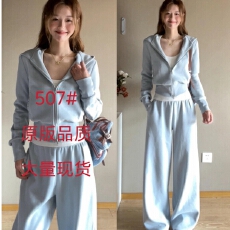 批发春秋季蓝色休闲连帽<b class='q'>卫衣</b>套装<b class='q'>女</b>穿搭运动风短款连帽外套长裤两件套