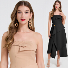 批发实拍 高级感不对称不规则层叠裙摆抹胸性感长裙  轻<b class='q'>礼服</b>设计