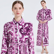 批发实拍 复古<b class='q'>巴洛克</b>定位印花紫调衬衫裙 翻领系带收腰显瘦长裙