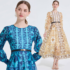 批发实拍 <b class='q'>宫廷</b>定位印花圆领高腰修身<b class='q'>连衣裙</b> 百褶大摆长袖亮丝纱裙