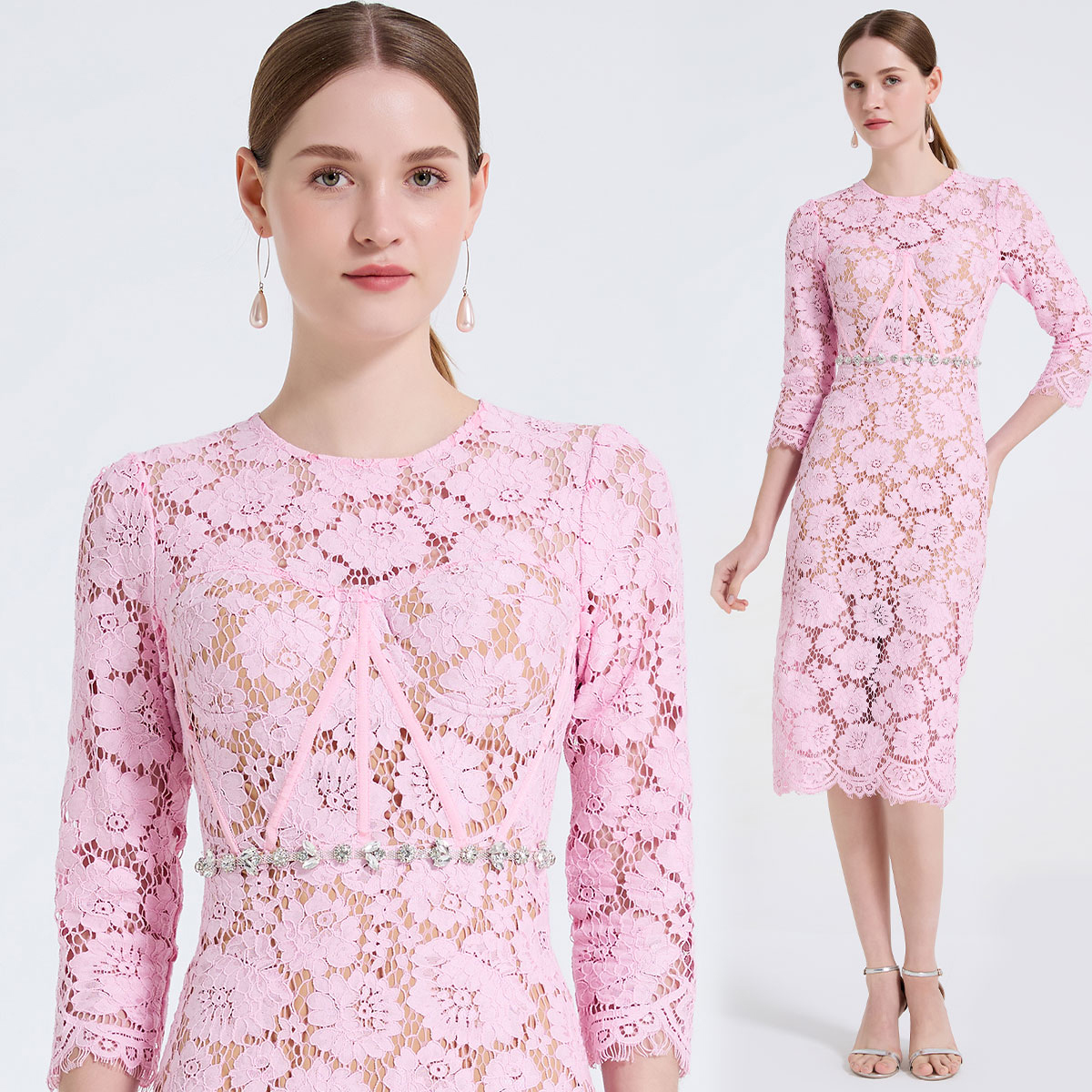 MY17628# 新款蕾丝立体胸垫鱼骨钻饰连衣裙 圆领中袖修身包臀裙女裝貨...