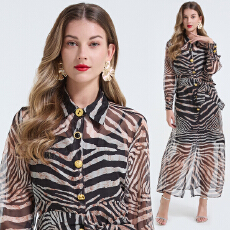 批发<b class='q'>实拍</b> 欧美名媛精致花纹金属扣系带收腰豹纹连衣裙 天丝衬衫长袖裙