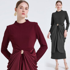 批发实拍 高级感丝绒质感腰部褶皱设计贝壳扣装饰优雅修身长款裙