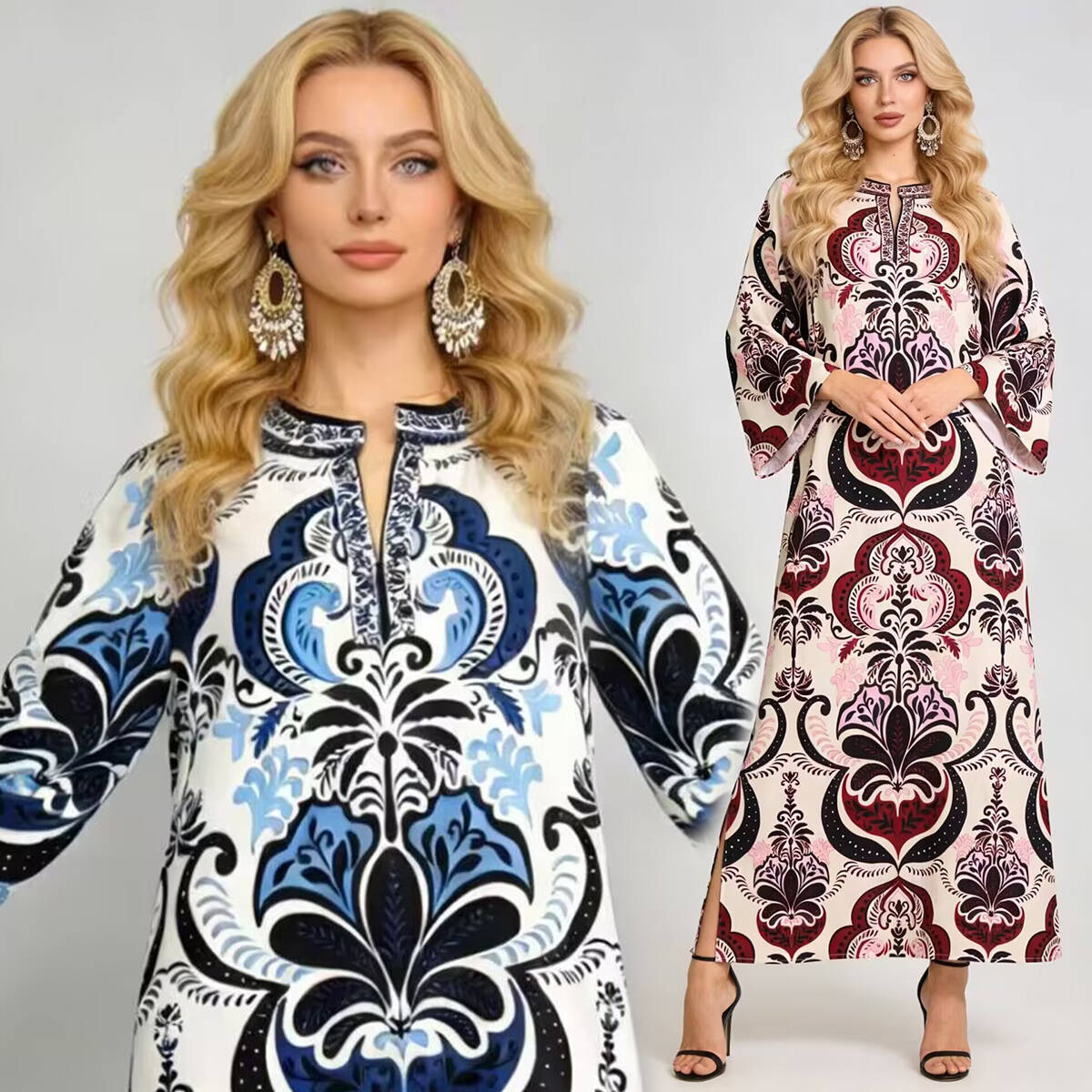 MY17626# 新款时尚定位印花圆领开叉个性连衣裙 宽松裙女裝貨源服裝批...