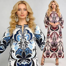 批发实拍 新款时尚定位印花圆领开叉个性<b class='q'>连衣裙</b> 宽松裙