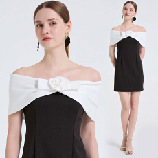 批发实拍 法式黑白撞色一字肩立体花饰露肩修身气质小礼裙