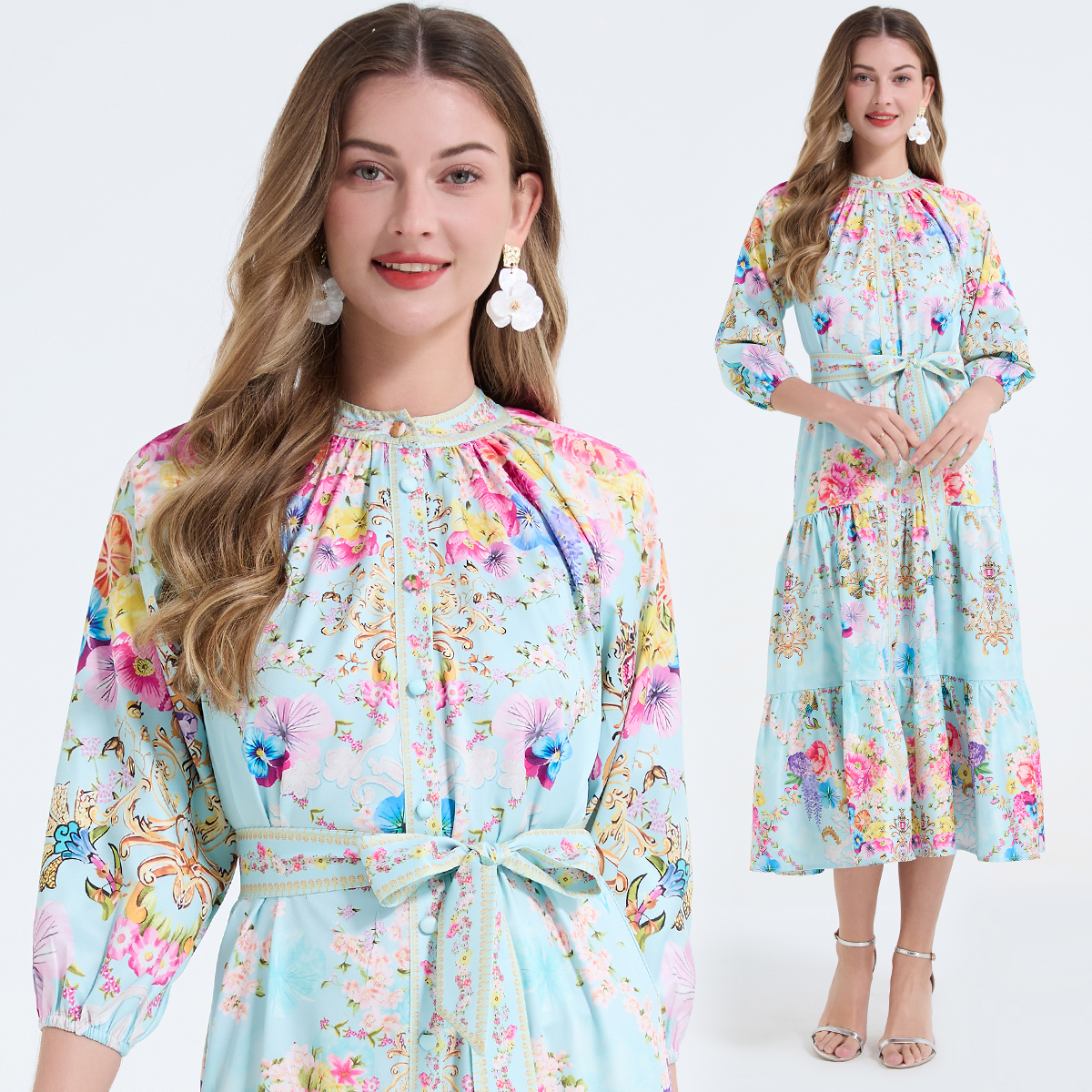 MY17625# 欧美定位印花立领系带收腰连衣裙  三层大摆长裙女裝貨源服...