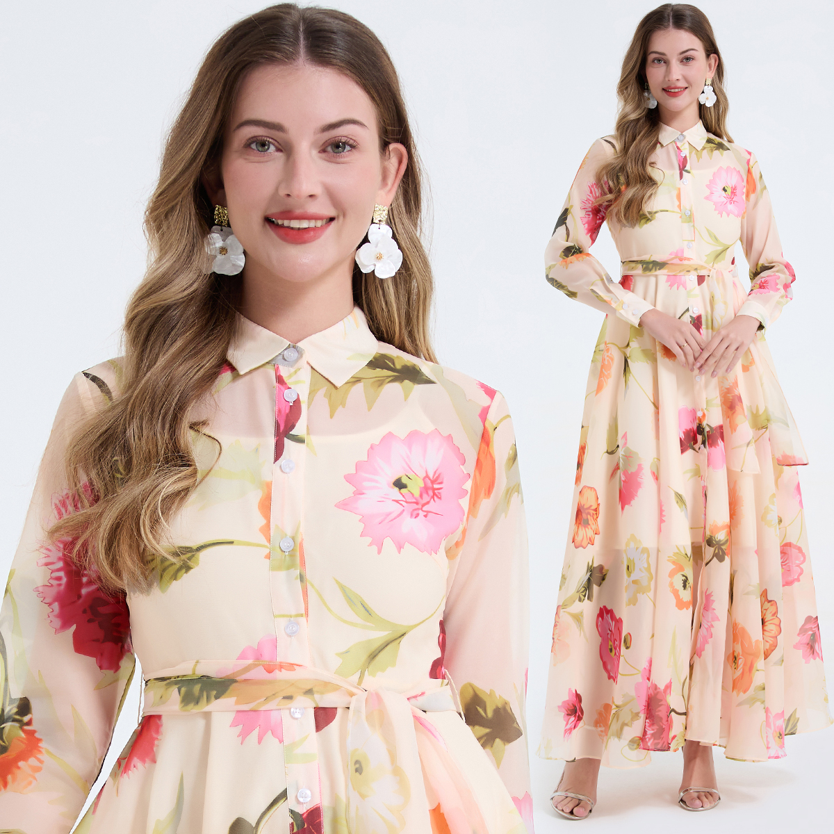 MY17623# 欧美印花衬衫长袖修身收腰绑带连衣裙  高腰超大摆长裙女裝...