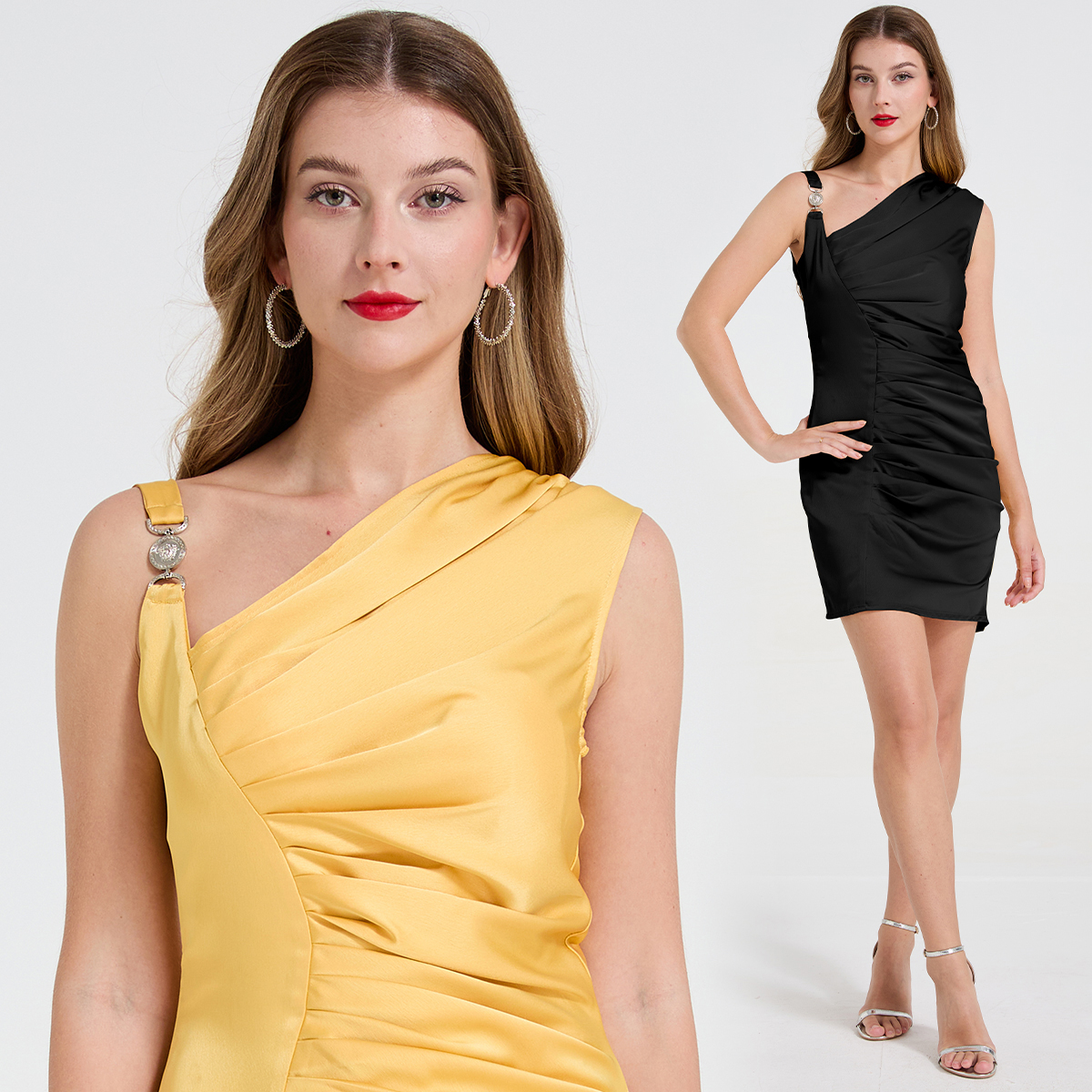 MY17619# 新品缎面不对称设计剪裁包臀连体裙 金属扣褶皱裙女裝貨源服裝批發