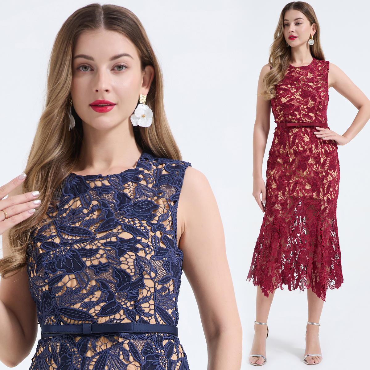 MY17622# 重工立体水溶蕾丝镂空无袖收腰鱼尾连衣裙 修身高腰裙女裝貨源服裝批發