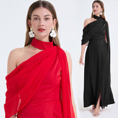 批发实拍 性感斜肩拼接挂脖高腰开叉连衣裙 气质飘逸开叉<b class='q'>礼服</b>裙