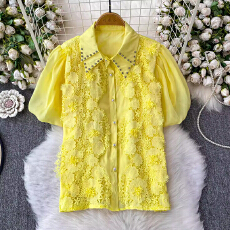 批发<b class='q'>欧美</b>高端名媛镶钻翻领泡泡袖衬衫女2025新款宽松显瘦重工蕾丝上衣