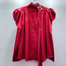 批发2025<b class='q'>欧美</b>宫廷风V领单排扣飘带泡泡袖长袖雪纺衬衫上衣女