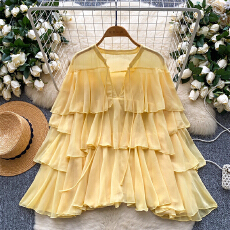 批发<b class='q'>欧美</b>复古高级感网纱衬衫女秋季荷叶边宽松遮肉御姐气质别致上衣潮