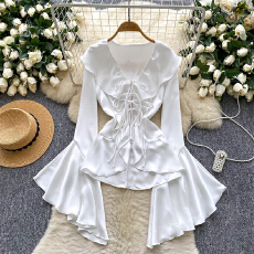 批发<b class='q'>欧美</b>风缎面感荷叶袖小衫女秋季翻领绑带设计高级感气质御姐上衣潮