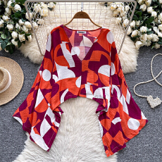 批发<b class='q'>欧美</b>高级感V领印花衬衫女夏季宽松显瘦蝙蝠袖轻熟御姐气质上衣潮