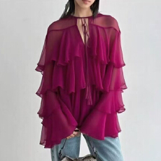 批发<b class='q'>欧美</b>复古高级感网纱衬衫女秋季荷叶边宽松遮肉御姐气质别致上衣潮