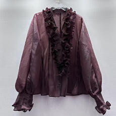 批发<b class='q'>欧美</b>气质高级感衬衫女秋季荷叶边宽松遮肉御姐气质别致上衣潮