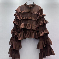 批发<b class='q'>欧美</b>时尚炸街荷叶边喇叭袖超好看上衣女蛋糕式防晒衬衫