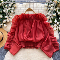 批发<b class='q'>韩国</b>春秋新款甜美纯色淑女气质荷叶袖蕾丝衫衬衫