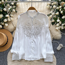 批发法式轻奢重工钉珠刺绣花朵<b class='q'>ol</b><b class='q'>衬衫</b>女设计感百搭休闲镶钻<b class='q'>衬衣</b>