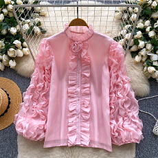 批发宫廷风上衣女2025秋季法式高级感立体花边灯笼袖宽松流光网纱<b class='q'>衬衫</b>