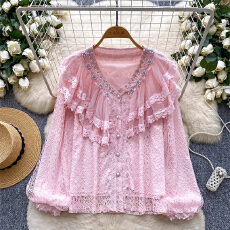 批发法式甜美宫廷风重工镶钻V领网纱荷叶边拼接灯笼袖单排扣蕾丝上衣