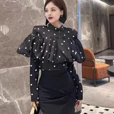 批发<b class='q'>新款</b>法式气质高级感黑白波点荷叶边高腰显瘦修身衬衫