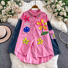 高级设计感轻奢重工镶钻钉珠衬衫女网红ins亮片减龄拼接牛仔外套