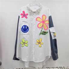 批发高级设计感轻奢重工镶钻钉珠<b class='q'>衬衫女</b>网红ins亮片减龄拼接牛仔外套