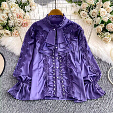 批发宫廷风轻奢重工钉珠拼接蕾丝立领<b class='q'>衬衫女</b>秋冬抗皱缎面衬衣洋气上衣