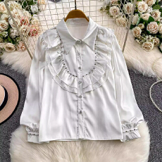 批发法式宫廷风重工镶钻钉珠翻领<b class='q'>衬衫女</b>装抗皱缎面荷叶边拼接蕾丝上衣