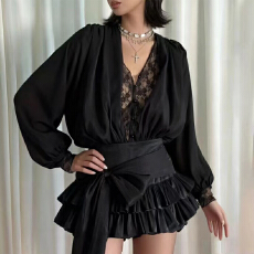 批发网红同款新款法式气质<b class='q'>蕾丝</b>拼接飘带衬衫+打底短裤套装女