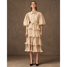 批发复古<b class='q'>宫廷</b>风纯色<b class='q'>连衣裙</b>2025新款时尚翻领单排扣泡泡袖中长款蛋糕裙