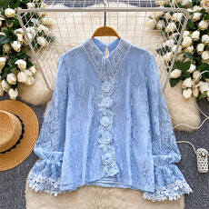 批发法式名媛小众轻奢重工钉珠<b class='q'>娃娃领</b>立体花朵蕾丝衬衫女宽松长袖上衣