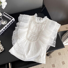 批发法式名媛宫廷风重工钉珠荷叶边拼接<b class='q'>无袖</b>上衣女夏季洋气时髦衬衫女