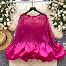 批发<b class='q'>欧美</b>洋气时尚网纱拼接荷叶边花苞衬衫女2025秋季薄款宽松百搭上衣