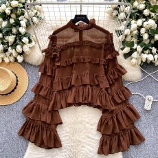 批发<b class='q'>欧美</b>时尚炸街荷叶边喇叭袖超好看上衣女蛋糕式防晒衬衫