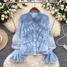 批发法式轻奢名媛高级感重工钉珠镶钻不规则荷叶边蕾丝衬衫<b class='q'>女长袖</b>上衣