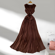 批发法式欧美小众时髦洋气打结<b class='q'>网纱</b>圆领连衣裙女收腰显瘦大摆优雅<b class='q'>长裙</b>