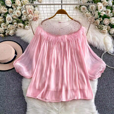 批发轻奢千金风重工烫钻圆领衬衫少女减龄温柔风流光薄纱拼接毛毛上衣