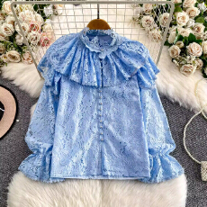 批发法式宫廷复古蕾丝荷叶边喇叭袖<b class='q'>衬衫女</b>秋冬名媛珍珠扣宽松显瘦上衣